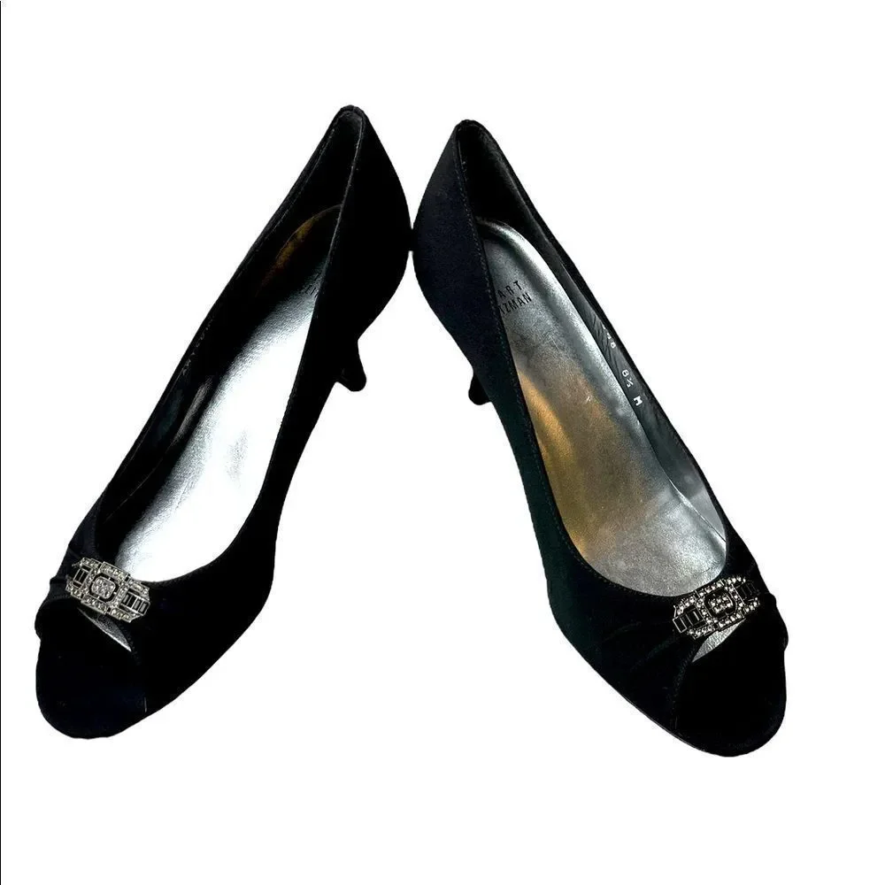 Black Stuart Weitzman Peep Toe Pump w/Crystal Embellishments Great Condition